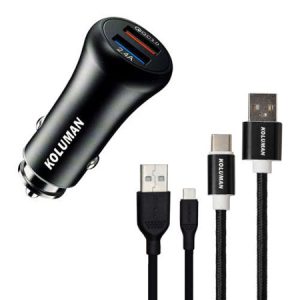 شارژر فندکی 20 وات کلومن مدل KC - C02 به همراه کابل تبدیل USB-C و MICROUSB