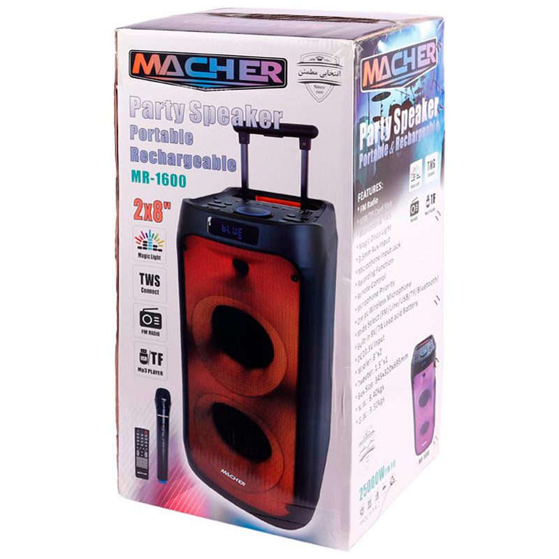 اسپیکر چمدانی بلوتوثی رم و فلش خور Macher MR-1600 + میکروفون و ریموت کنترل
