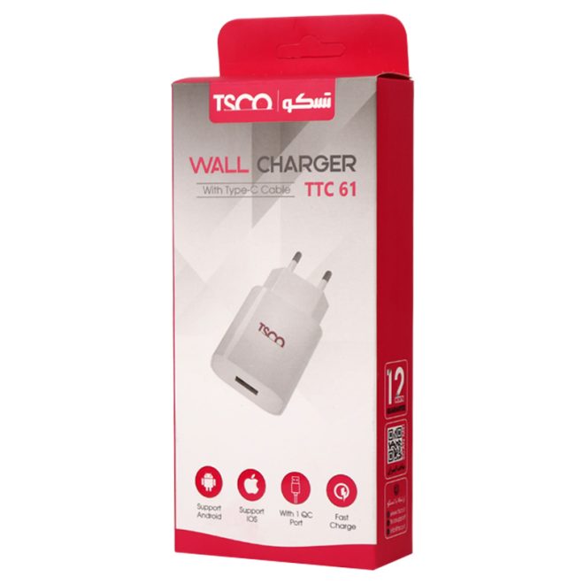 شارژر دیواری فست شارژ TSCO TTC61 QC3 PD 3.6A + کابل تایپ سی