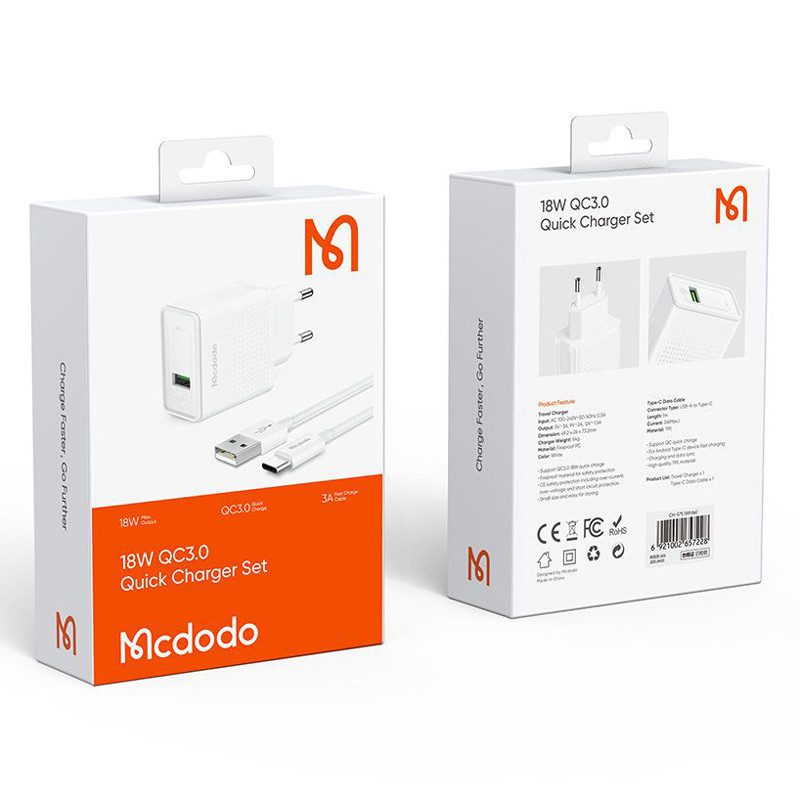 شارژر دیواری فست شارژ mcdodo ch-5750 qc3.0 pd 3a 18w + کابل تایپ سی شارژر دیواری فست شارژ mcdodo ch-5750 qc3.0 pd 3a 18w + کابل تایپ سی