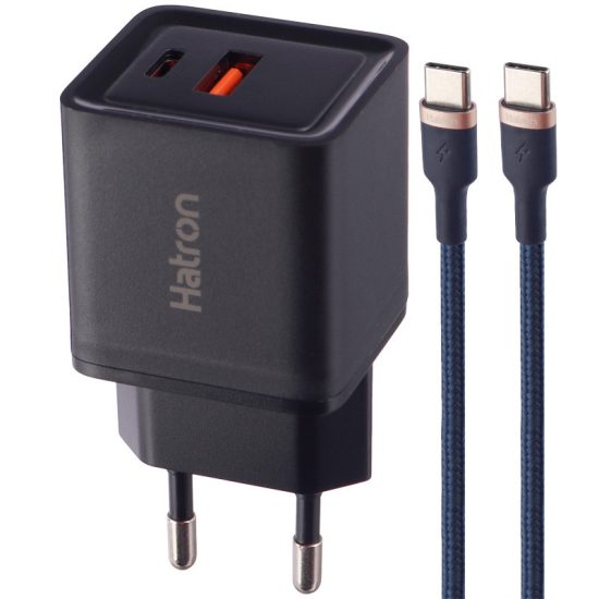 شارژر دیواری فست شارژ hatron hwc2301pq 2port qc3.0 pd 3a 30w + کابل تبدیل تایپ سی