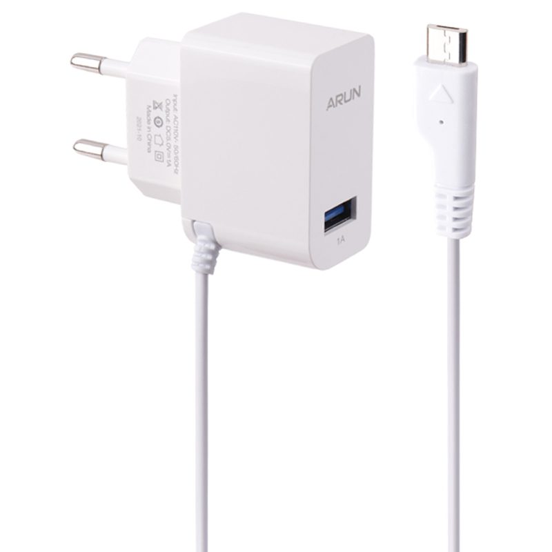 شارژر سیم وصل میکرو یو اس بی arun u1001 1a 5w + یک پورت usb شارژر سیم وصل میکرو یو اس بی arun u1001 1a 5w + یک پورت usb