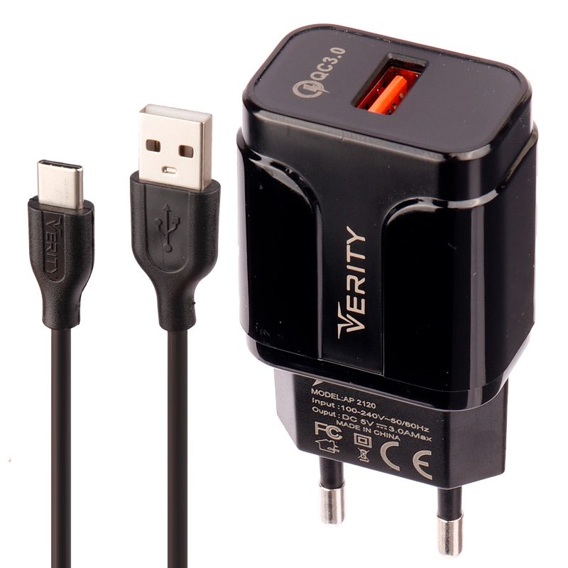 شارژر دیواری فست شارژ verity ap-2120 qc3.0 3a 18w + کابل تایپ سی شارژر دیواری فست شارژ verity ap-2120 qc3.0 3a 18w + کابل تایپ سی