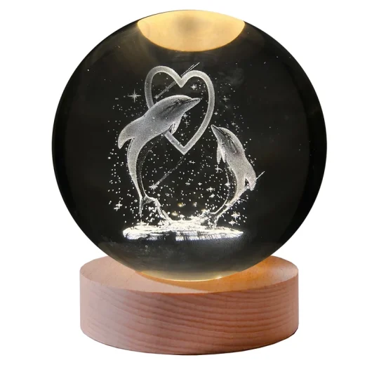 چراغ خواب گوی کریستال 3d طرح دلفین و قلب