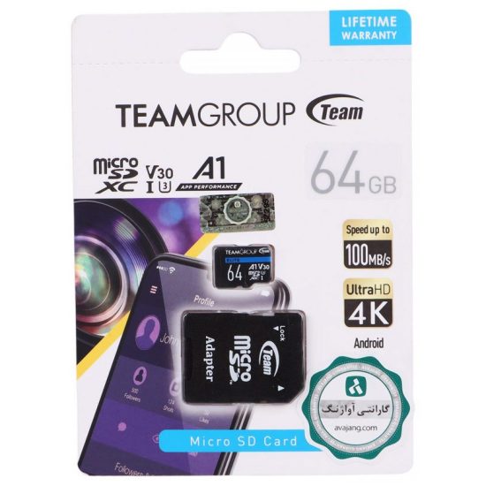 رم میکرو 64 گیگ تیم گروپ teamgroup a1 v30 u3 c10 64gb 100mb/s + خشاب