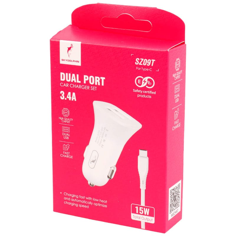 شارژر فندکی فست شارژ sky dolphin sz09t 3.4a 15w + کابل تایپ سی شارژر فندکی فست شارژ sky dolphin sz09t 3.4a 15w + کابل تایپ سی