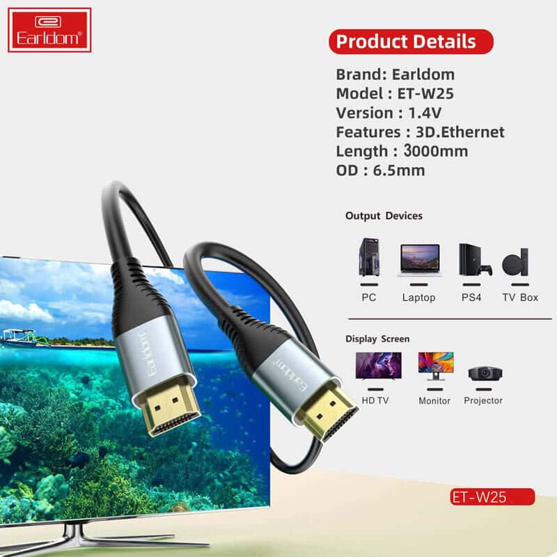 کابل HDMI 4K ارلدام ET-W25 طول 3 متر کابل HDMI 4K ارلدام ET-W25 طول 3 متر