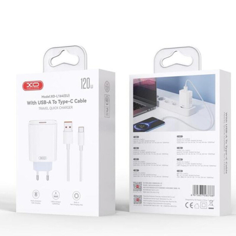 شارژر دیواری 120 وات ایکس او L164 3A + کابل تایپ سی